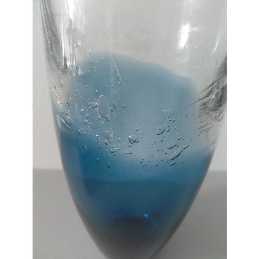 Ombre Blue Thick Glass Vase Mid Stripe Extended Bubbles Ocean Artistic Large MCM - Picture 3 of 11